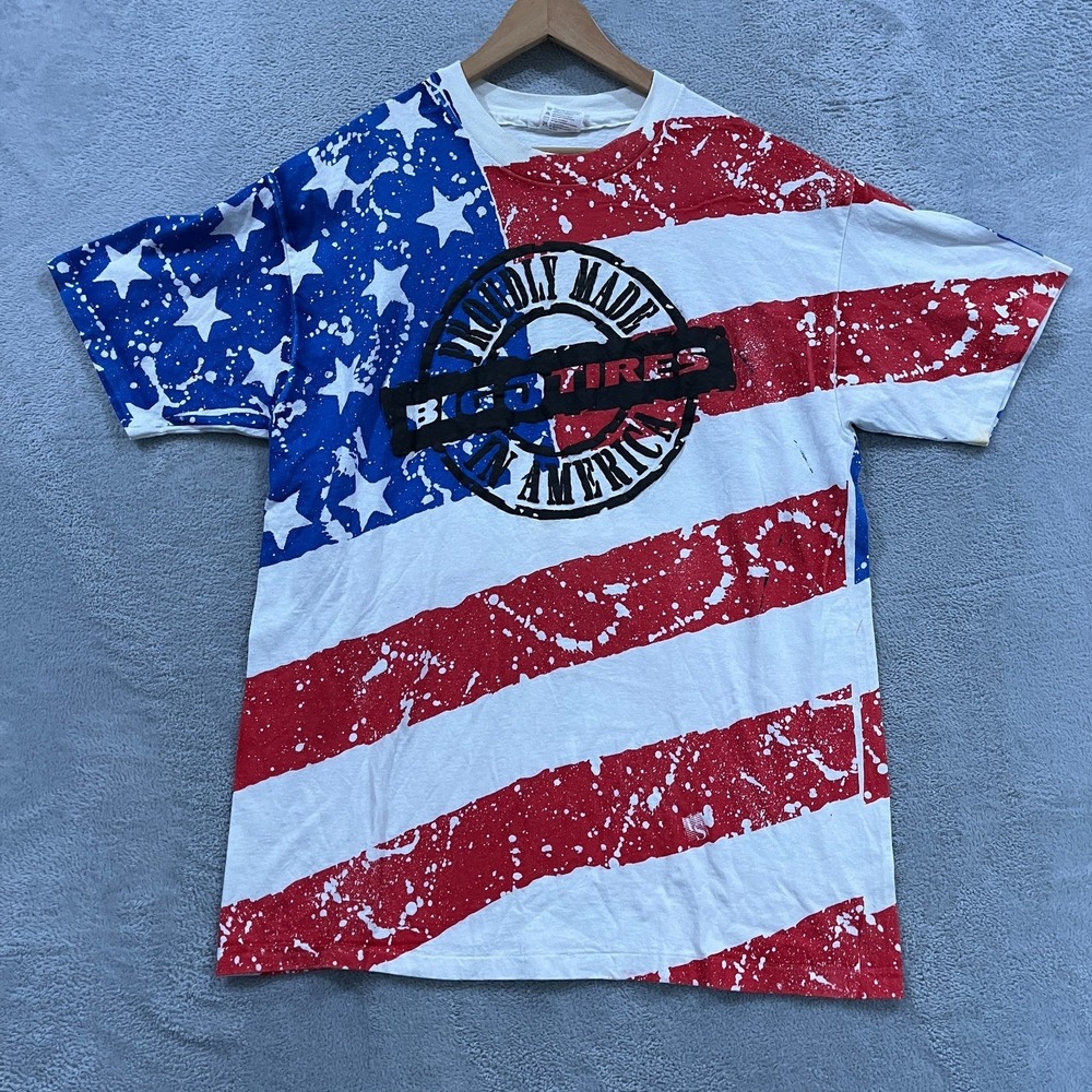 Vintage Big O Tires T Shirt Mens XL Hanes Heavyweight AOP American Flag 90s Sing